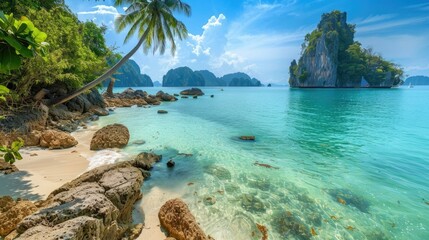 Fototapeta premium Captivating Tropical Island Escape with Cerulean Lagoon and Powdery Beach Shores
