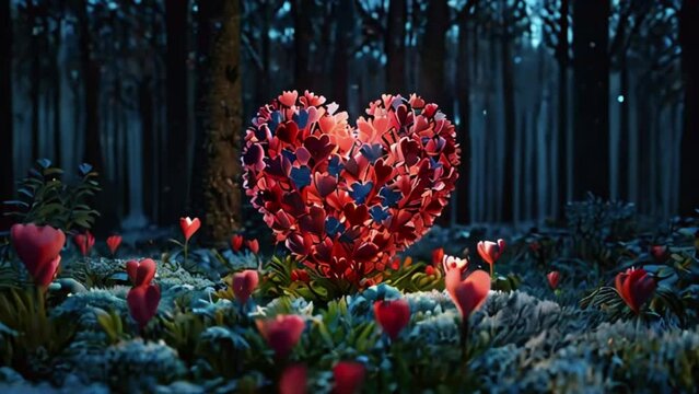 Slow approximation to a large bouquet of heart-shaped flowers in a winter forest on the evening of Valentine's Day, 3D rendering, 4K Ultra HD resolution High-Quality animation video