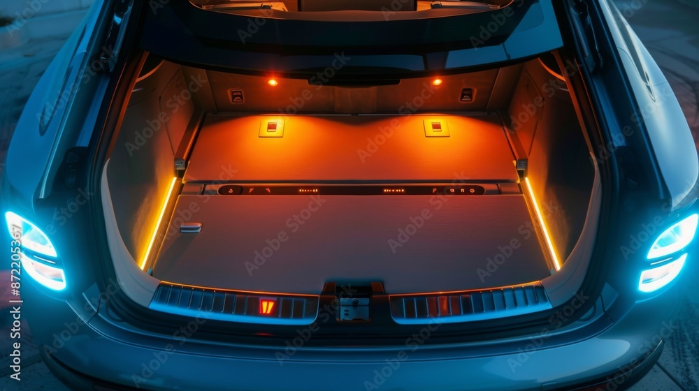 Poster An open car trunk illuminated by warm amber ambient lighting. The trunk floor is carpeted and appears spacious.
