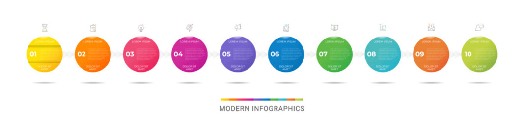 Business vector infographics with ten circles and arrows. Timeline visualization with 10 steps for diagram, flowchart, banner, presentations, web, content, levels, chart, graphic