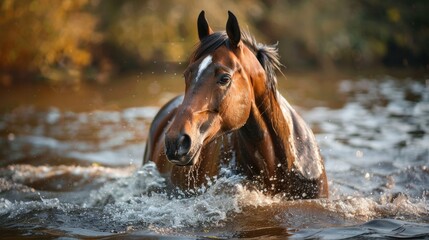 Summer portrait of bay horse in water. bathing horse in river