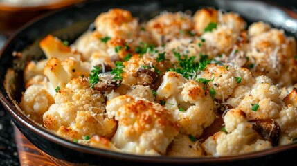 French cuisine. Cauliflower with parmesan, porcini mushrooms.