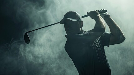 Intense Golfer Mid Swing in Film Noir Lighting and Misty Morning Atmosphere