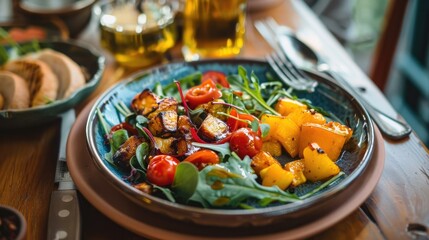 Wholesome Vegetable Salad with Olive Oil on Ceramic Plate in Simple Modern Setting