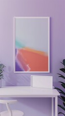 Minimalist office mockup featuring a pristine white desk, colorful abstract art, and an empty white frame on a lavender wall in a tall format.