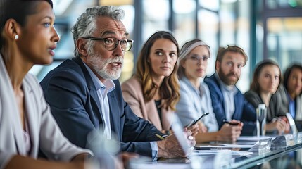 Obraz premium Diverse Corporate Executives Engaged in Collaborative Business Discussion in Modern Boardroom
