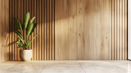  Modern room with wooden slat wall, potted plant, and natural sunlight.