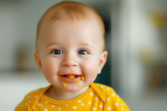 A close-up shot capturing a babys delight as they explore a variety of finger foods with messy enthusiasm 