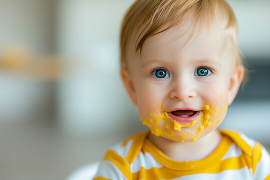 A close-up shot capturing a babys delight as they explore a variety of finger foods with messy enthusiasm 