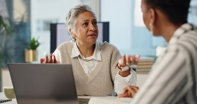 Business, women and conversation in office for meeting with management consultant, collaboration and client interaction. Technology, discussion and communication for problem solving and strategy.