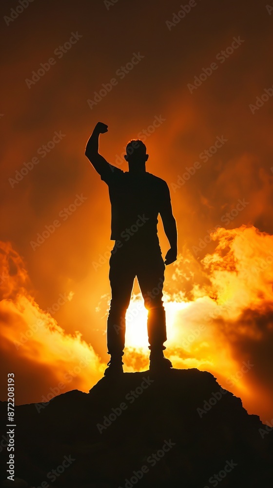 Poster Silhouette of a Triumphant Man Standing on a Hilltop