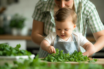 A mother lovingly prepares a delicious organic baby meal, using fresh ingredients grown in her own backyard garden 