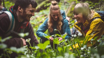 Fototapeta premium A group of friends laughing and chatting as they pick wild garlic together in the forest.