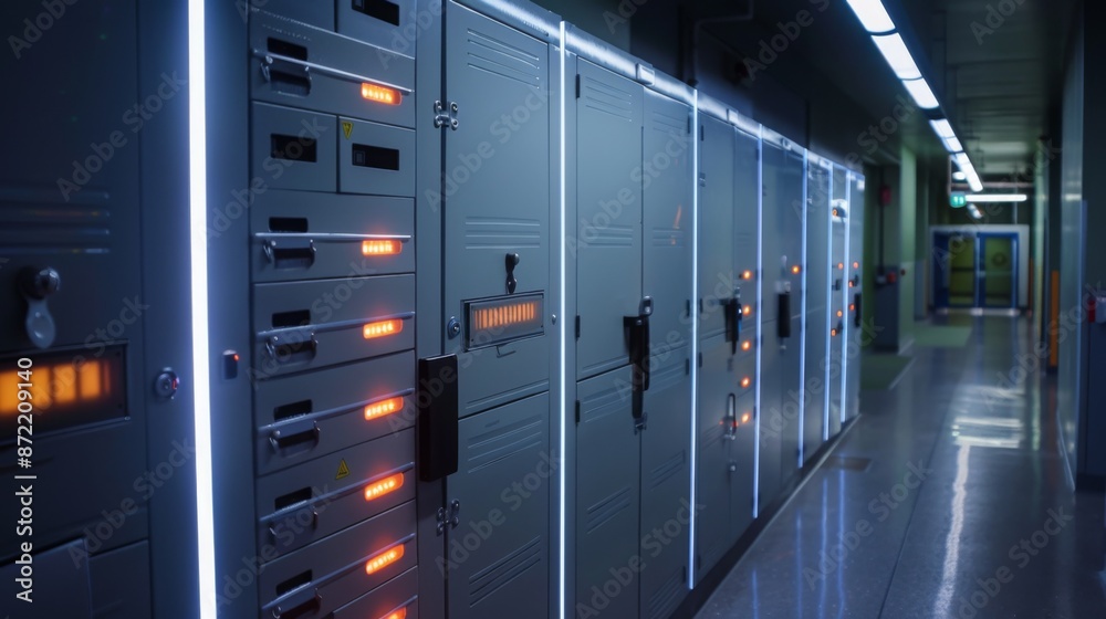 Poster A hallway in a server room with multiple large electrical panels lining the walls. Some panels have warning lights illuminating, indicating potential issues.