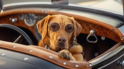 Mischievous Labrador Pup Peeks Out From Vintage Roadster s Open Cabin