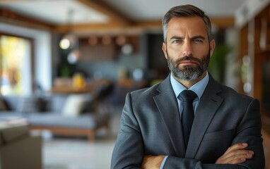 Fototapeta premium A successful Indian businessman stands in a modern office with his arms crossed, exuding confidence and professionalism