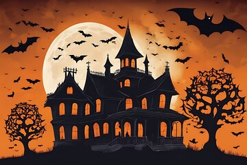 Halloween horror creative hunted house with bat background.