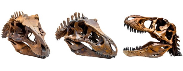 Set of 3 T-Rex Skulls Isolated on a Transparent Background