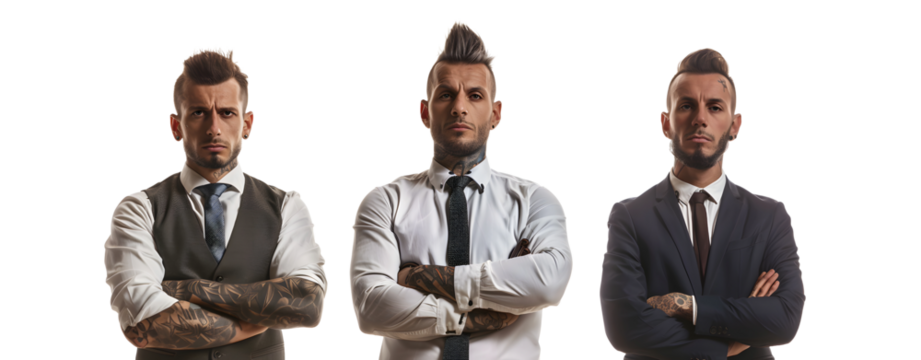 Set of 3 Tattooed Business Man Isolated on a Transparent Background