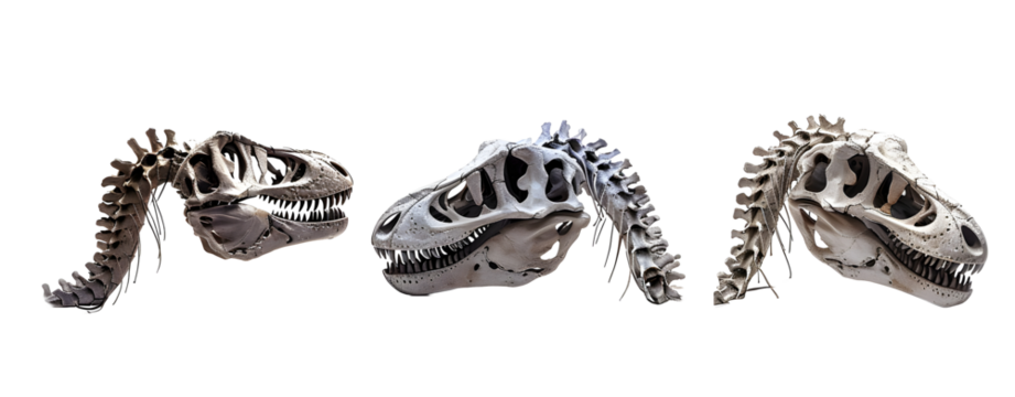 Set of 3 T-Rex Skulls Isolated on a Transparent Background