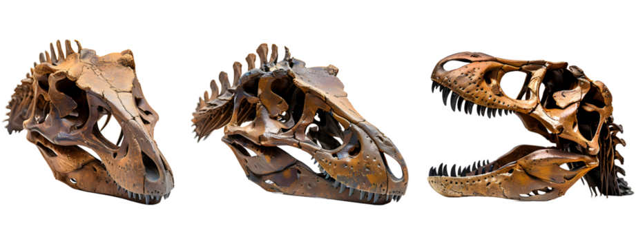 Set of 3 T-Rex Skulls Isolated on a Transparent Background