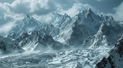 Obraz premium Frozen Alpine Landscape with Majestic Snow Capped Peaks and Glistening Glaciers