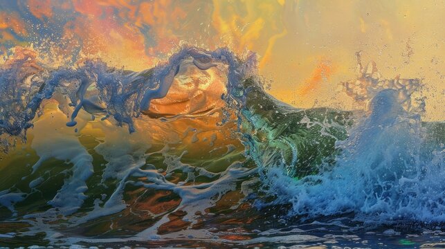 Vibrant Crashing Waves at Fiery Sunset Seascape with Dynamic Motion and Powerful Energy