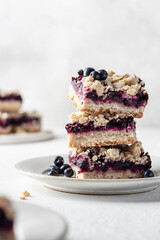 Baked oatmeal bars or crumble squares with fresh blueberry on white kitchen background, text space. Menu, recipe