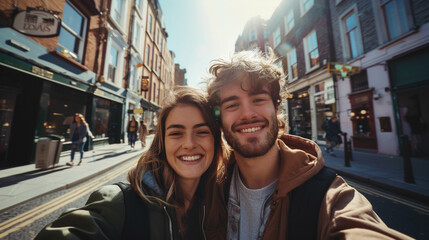Fototapeta premium Self portrait of a smiling young couple walking on sunny day through the streets of Dublin, Ireland, Europe