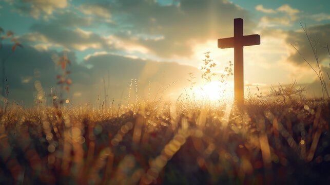 A wooden cross stands tall in a field of tall grass illuminated by the warm glow of the setting sun