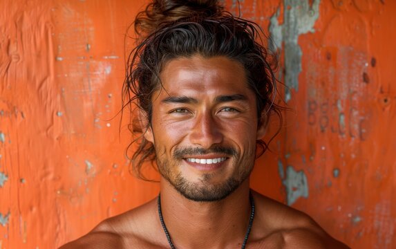 Polynesian man with long hair in a bun smiles at camera. Tanned skin, goatee, black necklace, in front of orange wall