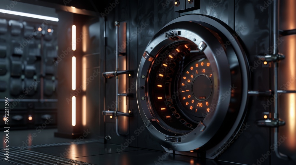 Poster A futuristic vault door with orange lights illuminates the dark room. The door features a complex design with multiple layers and intricate details.