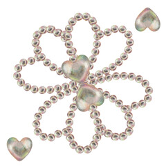 Pearl jewelry in the shape of a heart, flower, butterfly. Watercolor illustration in pastel palette with holographic effect as a template for Valentine's Day, engagement, wedding, Mother's Day