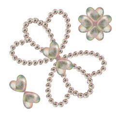 Pearl jewelry in the shape of a heart, flower, butterfly. Watercolor illustration in pastel palette with holographic effect as a template for Valentine's Day, engagement, wedding, Mother's Day