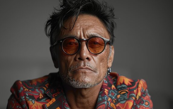 A middle-aged Micronesian bigender person wearing sunglasses and a patterned shirt