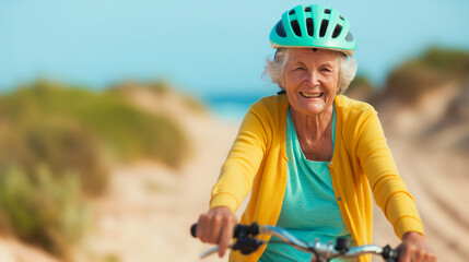 Naklejka premium Elderly woman with adventurous spirit riding a colorful bicycle along a sandy path, joyful freedom embraced 