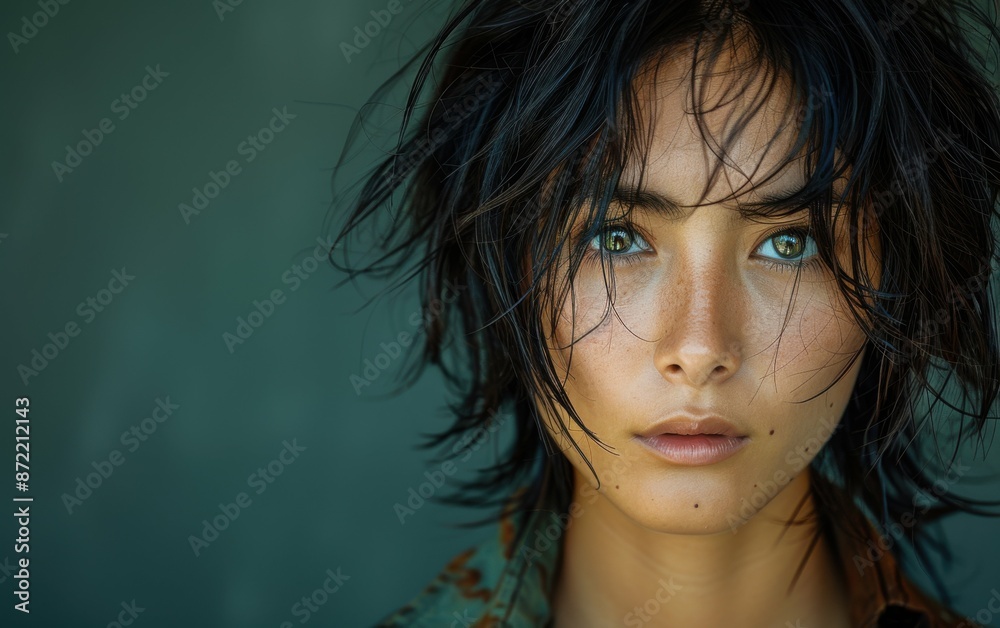 Wall mural A young person of Southeast Asian descent with short black hair looks directly at the camera with green eyes. Their skin is lightly freckled, and their hair is slightly damp