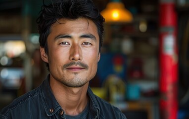 Obraz premium A young adult person of Central Asian descent looks directly at the camera. They have dark hair and brown eyes, and are wearing a dark denim jacket
