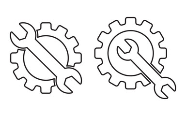 Wrench and Gear cogwheel outline icon set. trendy flat design. service tool icon, Maintenance Tools repair sign and symbol.