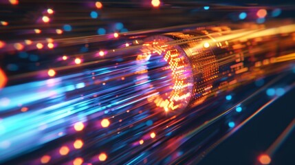 Fiber optics network cable on technology background