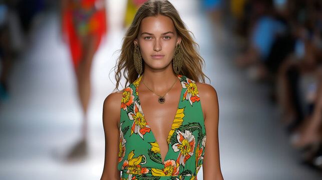 Fashion show, Trendy model in bold floral jumpsuit radiating bohemian flair on bustling fashion runway 