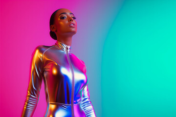 Futuristic model in a sleek chrome jumpsuit, isolated on a vibrant gradient background 