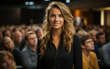 Obraz premium A confident businesswoman with long, blonde hair addresses a large audience during a presentation