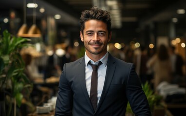 Fototapeta premium A businessman wearing a suit and tie stands in a dimly lit space, with blurred people in the background. He smiles at the camera