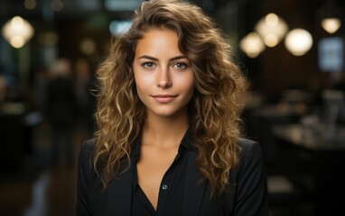 Confident Caucasian woman with long, curly brown hair and black blouse looks directly at camera in modern office setting with blurred lights