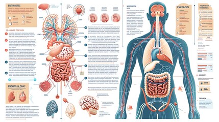 Comprehensive infographic on the human endocrine system, illustrating major glands such as the pituitary, thyroid, and adrenal glands with writing space and open area for educational content