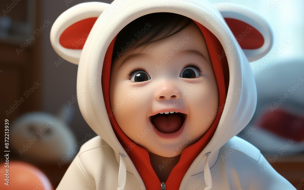 Wall mural A close-up of a cute baby D character wearing a white and red hooded sweatshirt with large, wide eyes, a big open mouth, and a happy laughing expression