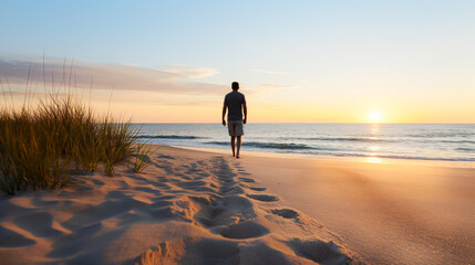 Man strolling along a quiet beach at sunrise, embodying slow living with warm, serene hues 