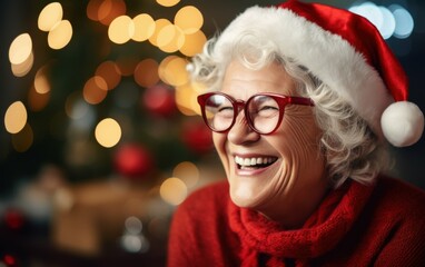 A grandmother with white hair, wearing a red sweater and a Santa hat, smiles widely while looking off-camera, with a bokeh background of Christmas lights