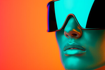 Piercing gaze of a futuristic model in metallic wear, isolated on a gradient background 